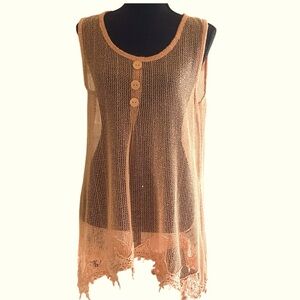 Simply Noelle Peach Mesh Sparkling Sequin Beach Cover-Up Sleeveless Top S/M